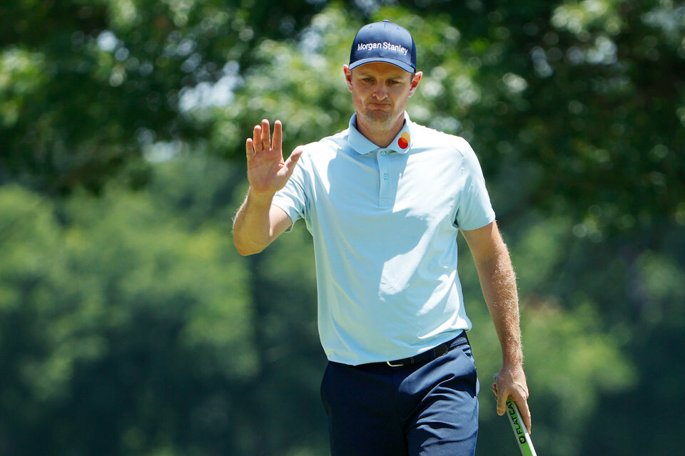  FORT WORTH, TEXAS - JUNE 12: Justin Rose of England reacts to his birdie on the second green during the second round of the Charles Schwab Challenge on June 12, 2020 at Colonial Country Club in Fort Worth, Texas. (Photo by Tom Pennington/Getty Image