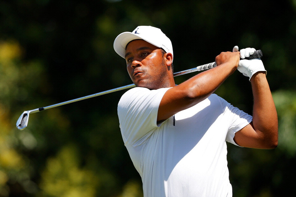  FORT WORTH, TEXAS - JUNE 12: Harold Varner III of the United States plays his shot from the ninth tee during the second round of the Charles Schwab Challenge on June 12, 2020 at Colonial Country Club in Fort Worth, Texas. (Photo by Ronald Martinez/G