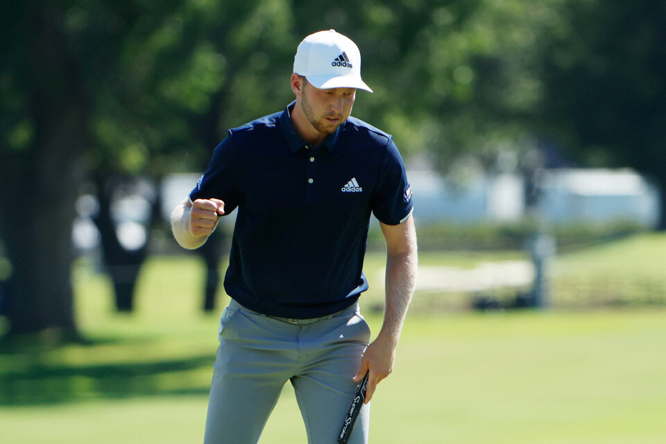  FORT WORTH, TEXAS - JUNE 14: Daniel Berger of the United States reacts to his birdie on the 18th green during the final round of the Charles Schwab Challenge on June 14, 2020 at Colonial Country Club in Fort Worth, Texas. (Photo by Tom Pennington/Ge