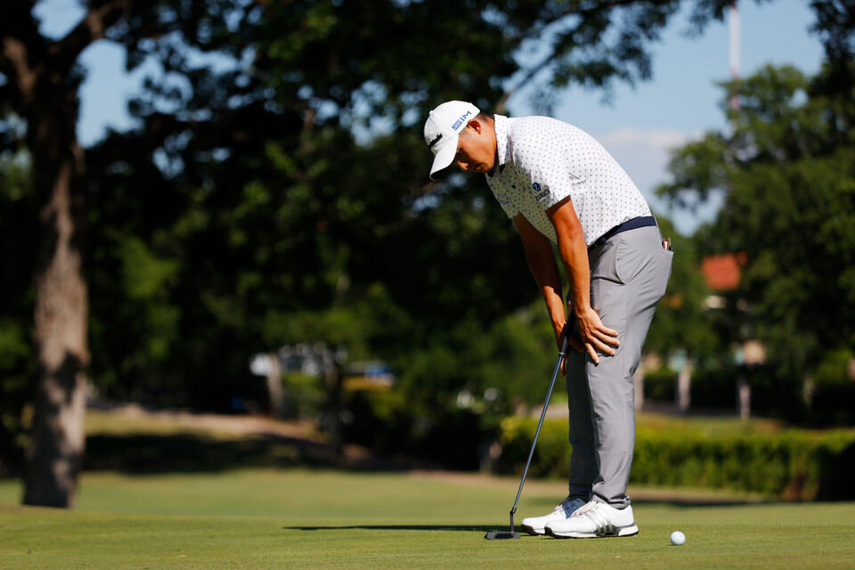  FORT WORTH, TEXAS - JUNE 14: Collin Morikawa of the United States reacts to his missed putt during a playoff on the 17th green in the final round of the Charles Schwab Challenge on June 14, 2020 at Colonial Country Club in Fort Worth, Texas. (Photo 