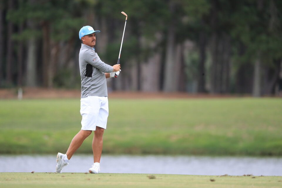  HILTON HEAD ISLAND, SOUTH CAROLINA - JUNE 16: Rickie Fowler of the United States plays a shot during a practice round prior to the RBC Heritage on June 16, 2020 at Harbour Town Golf Links in Hilton Head Island, South Carolina. (Photo by Streeter Lec