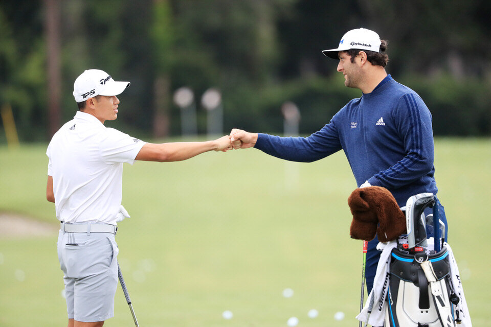  HILTON HEAD ISLAND, SOUTH CAROLINA - JUNE 16: Collin Morikawa of the United States greet jrduring a practice round prior to the RBC Heritage on June 16, 2020 at Harbour Town Golf Links in Hilton Head Island, South Carolina. (Photo by Streeter Lecka/