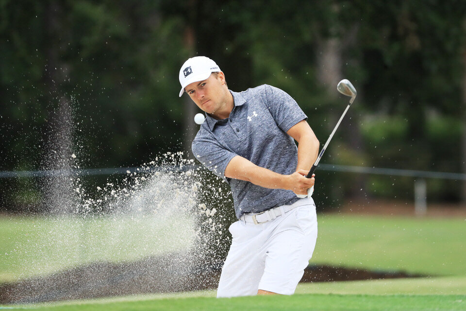  HILTON HEAD ISLAND, SOUTH CAROLINA - JUNE 16: Jordan Spieth of the United States plays a shot from a bunker during a practice round prior to the RBC Heritage on June 16, 2020 at Harbour Town Golf Links in Hilton Head Island, South Carolina. (Photo b