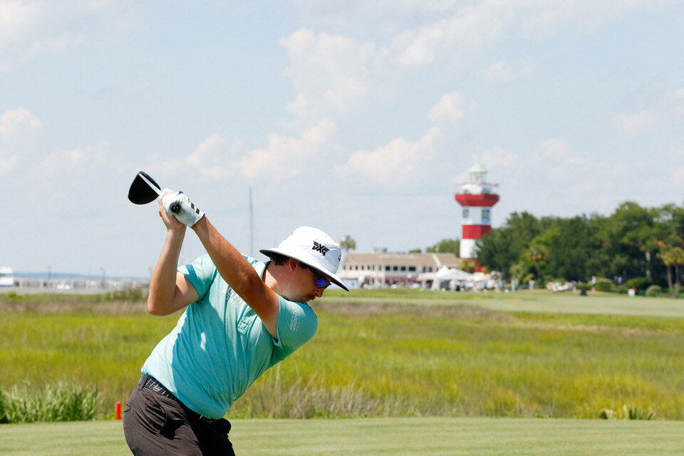  HILTON HEAD ISLAND, SOUTH CAROLINA - JUNE 20: Joel Dahmen of the United States plays his shot from the 18th tee during the third round of the RBC Heritage on June 20, 2020 at Harbour Town Golf Links in Hilton Head Island, South Carolina. (Photo by K