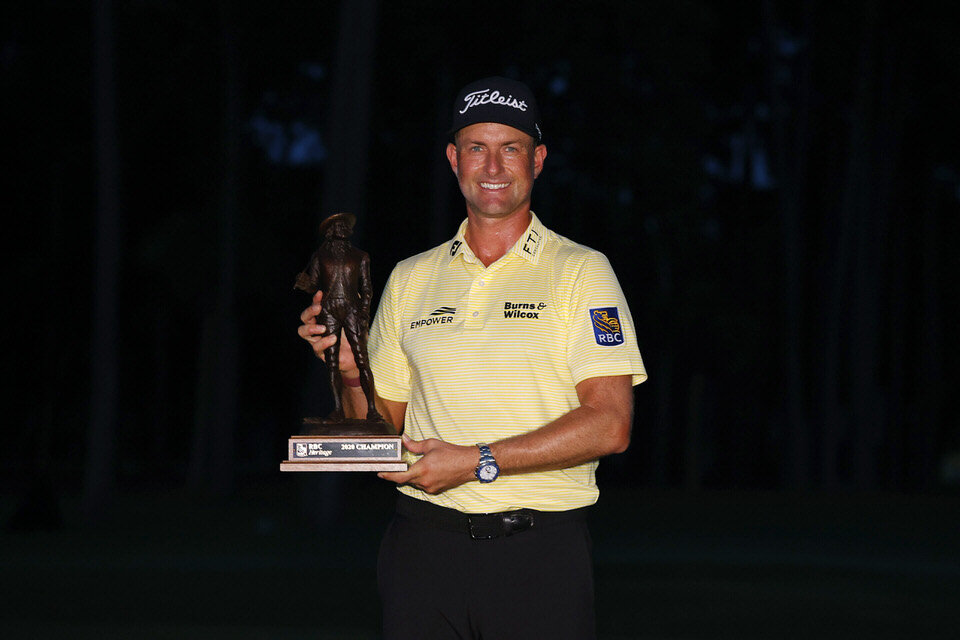  HILTON HEAD ISLAND, SOUTH CAROLINA - JUNE 21: Webb Simpson of the United States celebrates with the trophy after winning during the final round of the RBC Heritage on June 21, 2020 at Harbour Town Golf Links in Hilton Head Island, South Carolina. (P