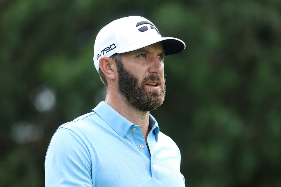  CROMWELL, CONNECTICUT - JUNE 28: Dustin Johnson of the United States reacts to his shot from the seventh tee during the final round of the Travelers Championship at TPC River Highlands on June 28, 2020 in Cromwell, Connecticut. (Photo by Maddie Meye