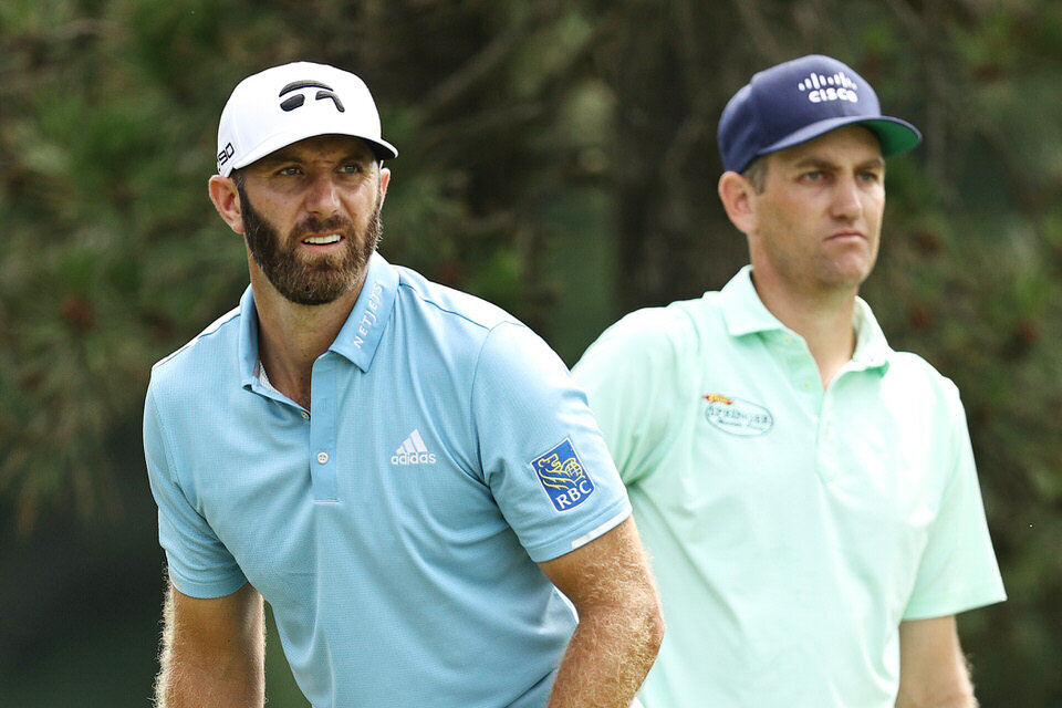  CROMWELL, CONNECTICUT - JUNE 28: Dustin Johnson of the United States and Brendon Todd of the United States stand on the fifth tee during the final round of the Travelers Championship at TPC River Highlands on June 28, 2020 in Cromwell, Connecticut. 