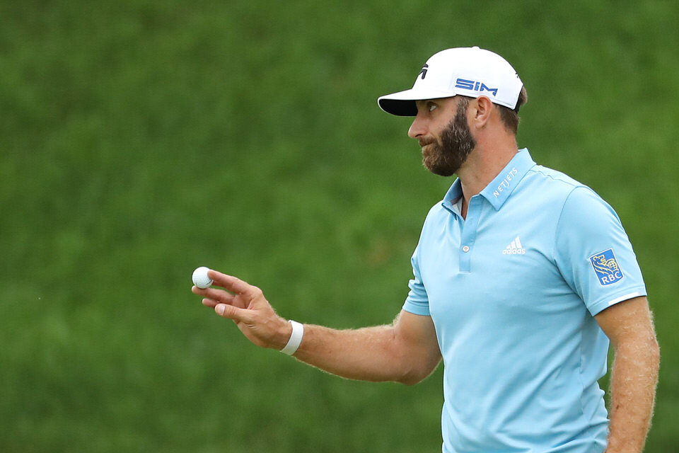  CROMWELL, CONNECTICUT - JUNE 28: Dustin Johnson of the United States reacts after making a putt for par on the 18th green to win the Travelers Championship at TPC River Highlands on June 28, 2020 in Cromwell, Connecticut. (Photo by Elsa/Getty Images