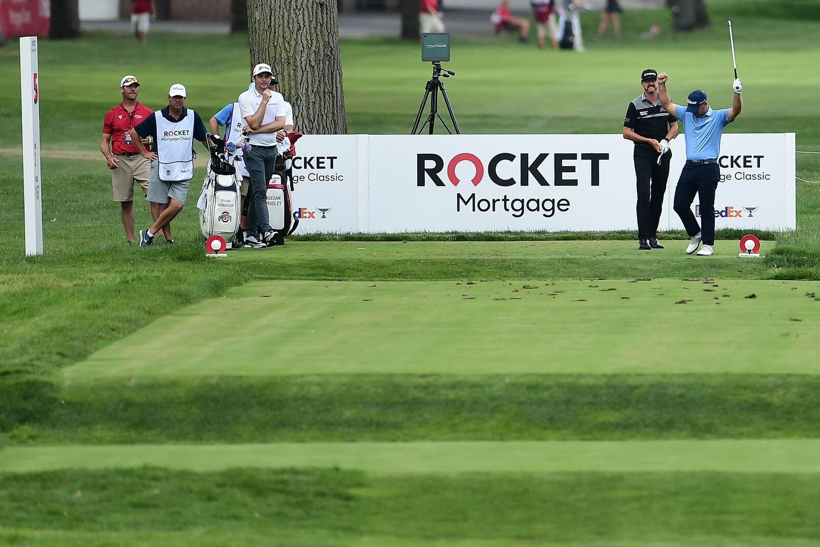  DETROIT, MICHIGAN - JULY 03: Ryan Armour of the United States celebrates his hole in one on the fifth hole during the second round of the Rocket Mortgage Classic on July 03, 2020 at the Detroit Golf Club in Detroit, Michigan. (Photo by Stacy Revere/