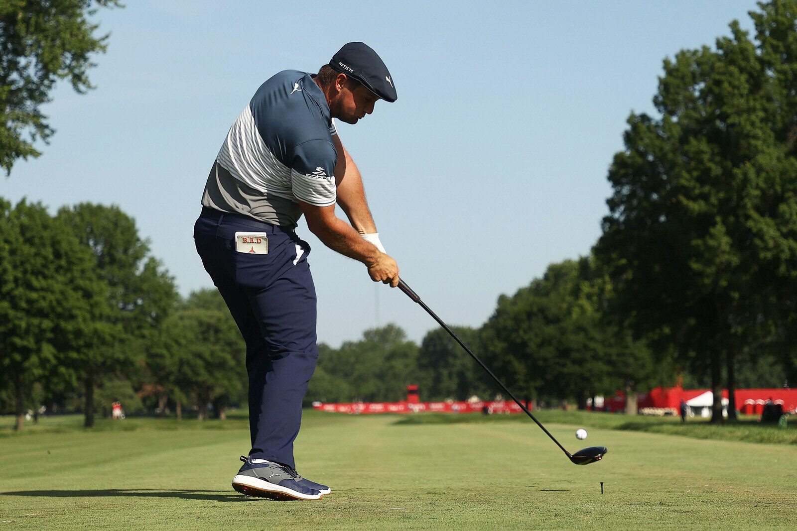  DETROIT, MICHIGAN - JULY 03: Bryson DeChambeau of the United States plays his shot from the 17th tee during the second round of the Rocket Mortgage Classic on July 03, 2020 at the Detroit Golf Club in Detroit, Michigan. (Photo by Gregory Shamus/Gett
