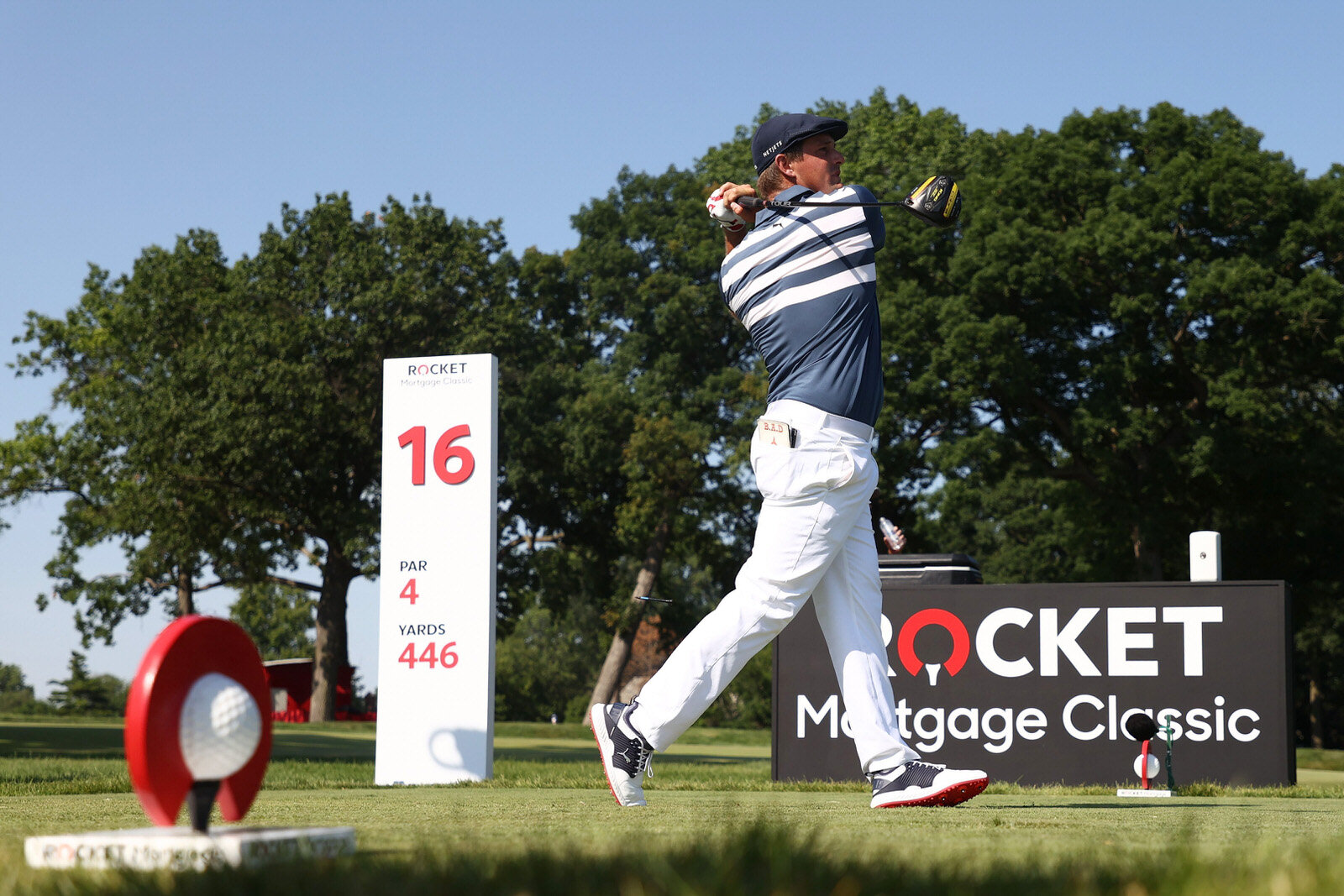  DETROIT, MICHIGAN - JULY 05: Bryson DeChambeau of the United States plays his shot from the 16th tee during the final round of the Rocket Mortgage Classic on July 05, 2020 at the Detroit Golf Club in Detroit, Michigan. (Photo by Gregory Shamus/Getty