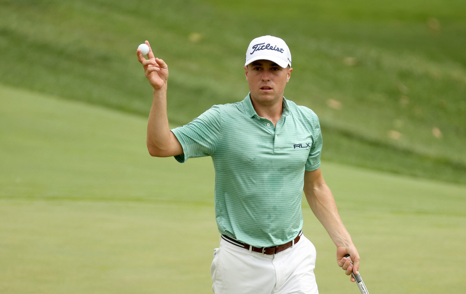  DUBLIN, OHIO - JULY 10: Justin Thomas of the United States reacts on the fourth green during the second round of the Workday Charity Open on July 10, 2020 at Muirfield Village Golf Club in Dublin, Ohio. (Photo by Gregory Shamus/Getty Images) 