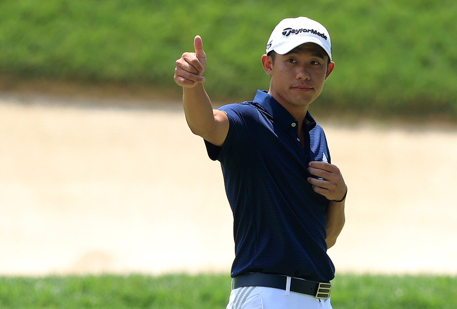  DUBLIN, OHIO - JULY 10: Collin Morikawa of the United States reacts on the ninth green during the second round of the Workday Charity Open on July 10, 2020 at Muirfield Village Golf Club in Dublin, Ohio. (Photo by Sam Greenwood/Getty Images) 