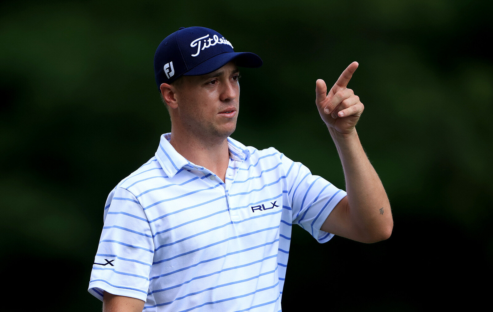  DUBLIN, OHIO - JULY 11: Justin Thomas of the United States points on the 15th hole during the third round of the Workday Charity Open on July 11, 2020 at Muirfield Village Golf Club in Dublin, Ohio. (Photo by Sam Greenwood/Getty Images) 