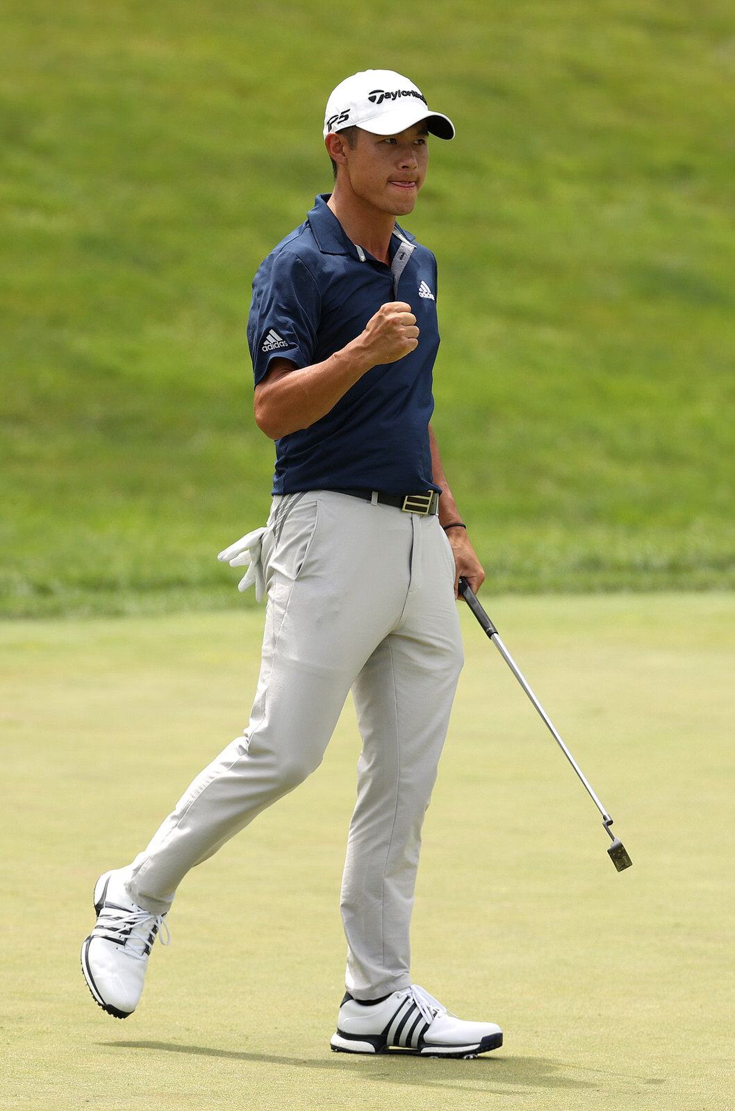  DUBLIN, OHIO - JULY 12: Collin Morikawa of the United States reacts after winning on the tenth green during the third playoff hole against Justin Thomas of the United States in during the final round of the Workday Charity Open on July 12, 2020 at M