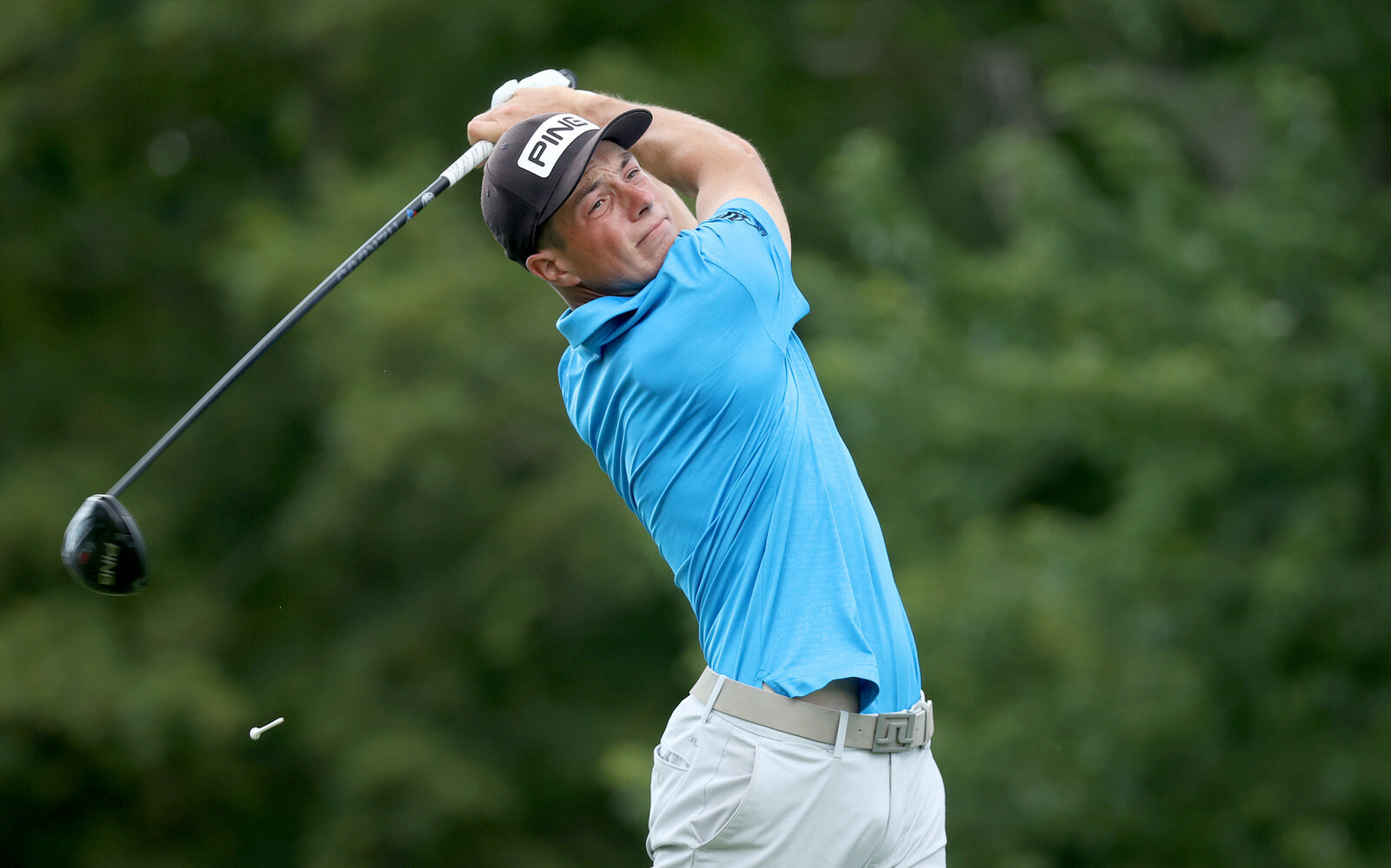  DUBLIN, OHIO - JULY 11: Viktor Hovland of Norway plays his shot from the 18th tee during the third round of the Workday Charity Open on July 11, 2020 at Muirfield Village Golf Club in Dublin, Ohio. (Photo by Gregory Shamus/Getty Images) 