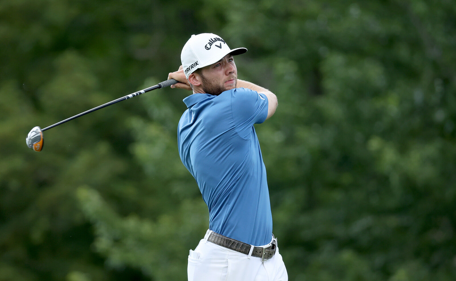  DUBLIN, OHIO - JULY 11: Sam Burns of the United States plays his shot from the 18th tee during the third round of the Workday Charity Open on July 11, 2020 at Muirfield Village Golf Club in Dublin, Ohio. (Photo by Gregory Shamus/Getty Images) 