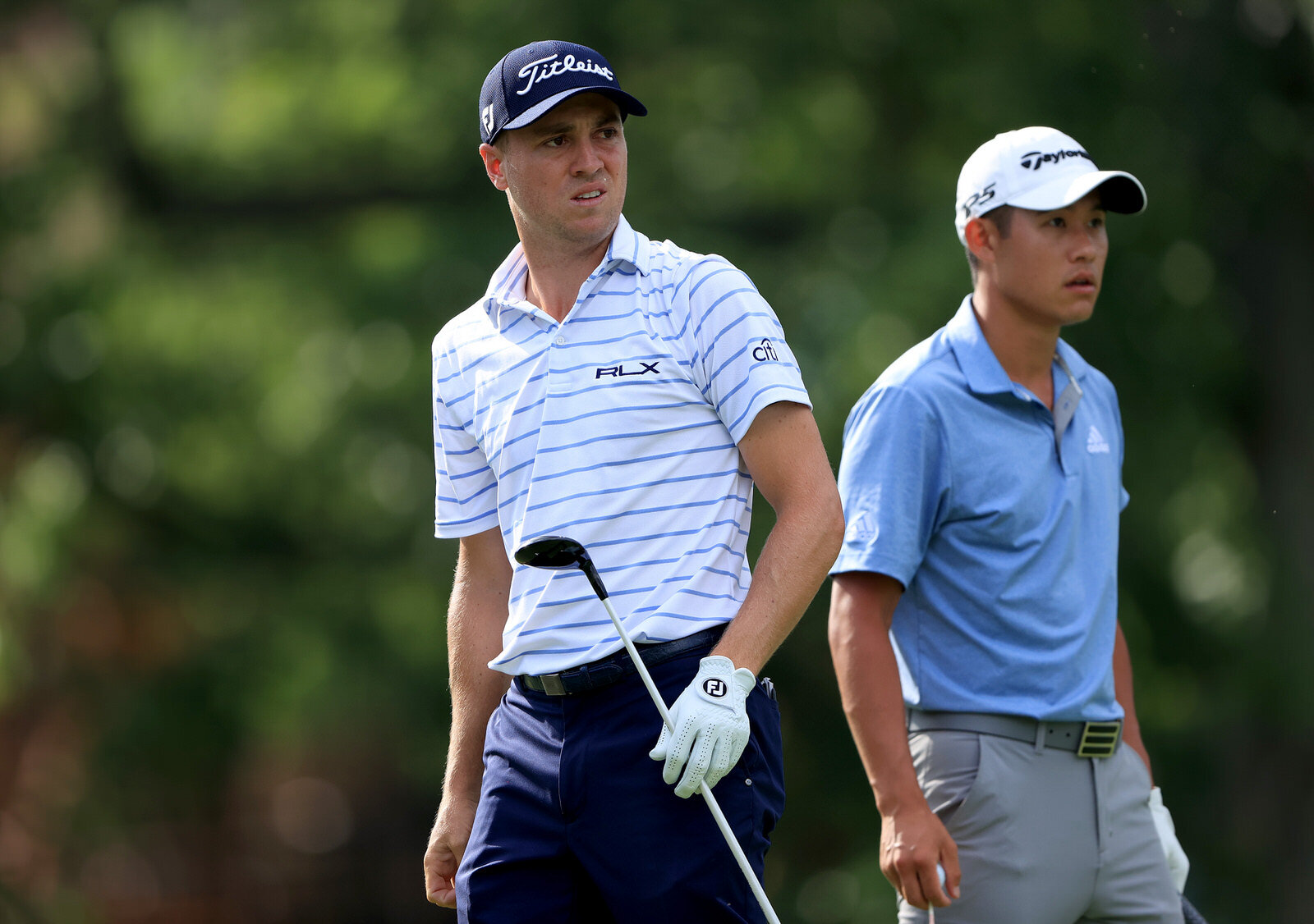  DUBLIN, OHIO - JULY 11: Justin Thomas of the United States and Collin Morikawa of the United States look on from the 18th tee during the third round of the Workday Charity Open on July 11, 2020 at Muirfield Village Golf Club in Dublin, Ohio. (Photo 