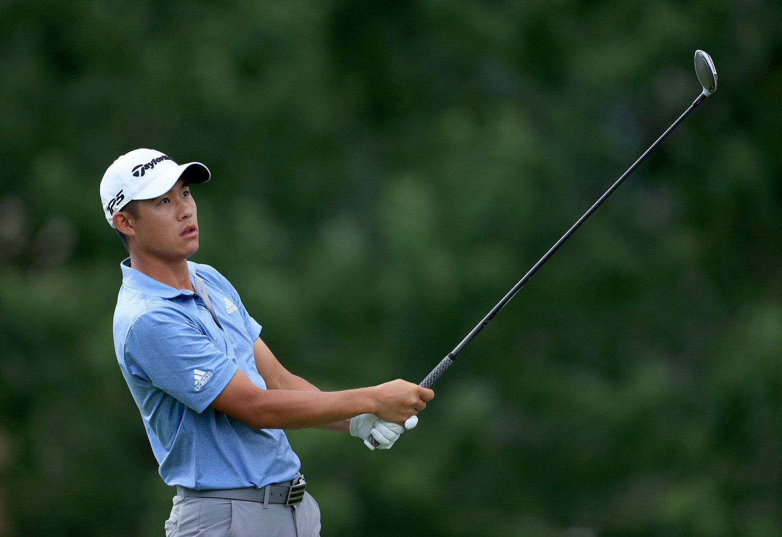  DUBLIN, OHIO - JULY 11: Collin Morikawa of the United States plays his shot from the 18th tee during the third round of the Workday Charity Open on July 11, 2020 at Muirfield Village Golf Club in Dublin, Ohio. (Photo by Sam Greenwood/Getty Images) 