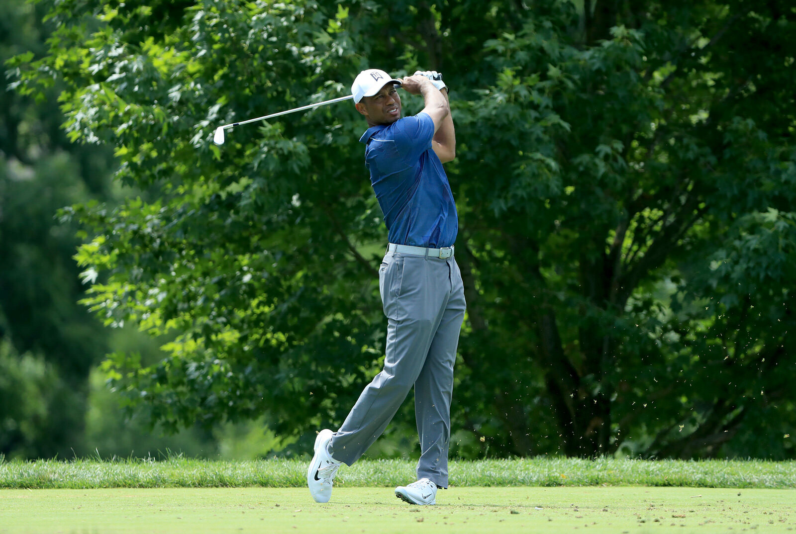  DUBLIN, OHIO - JULY 17: Tiger Woods of the United States plays his shot from the fourth tee during the second round of The Memorial Tournament on July 17, 2020 at Muirfield Village Golf Club in Dublin, Ohio. (Photo by Sam Greenwood/Getty Images) 