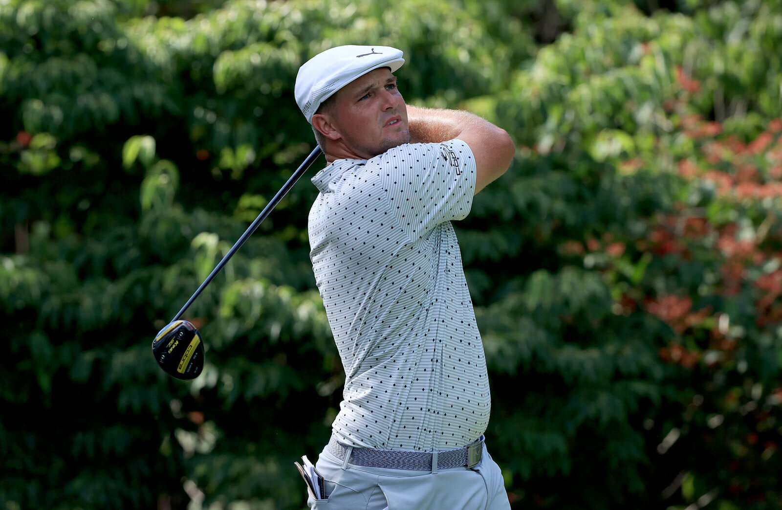  DUBLIN, OHIO - JULY 17: Bryson DeChambeau of the United States plays his shot from the 13th tee during the second round of The Memorial Tournament on July 17, 2020 at Muirfield Village Golf Club in Dublin, Ohio. (Photo by Sam Greenwood/Getty Images)