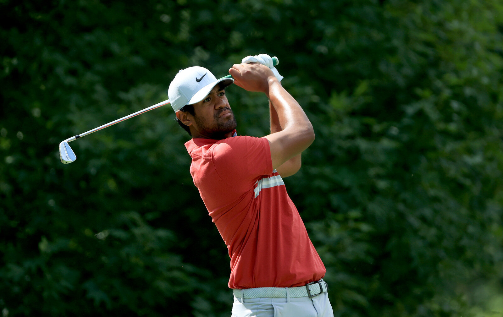  DUBLIN, OHIO - JULY 17: Tony Finau of the United States plays his shot from the fourth tee during the second round of The Memorial Tournament on July 17, 2020 at Muirfield Village Golf Club in Dublin, Ohio. (Photo by Sam Greenwood/Getty Images) 