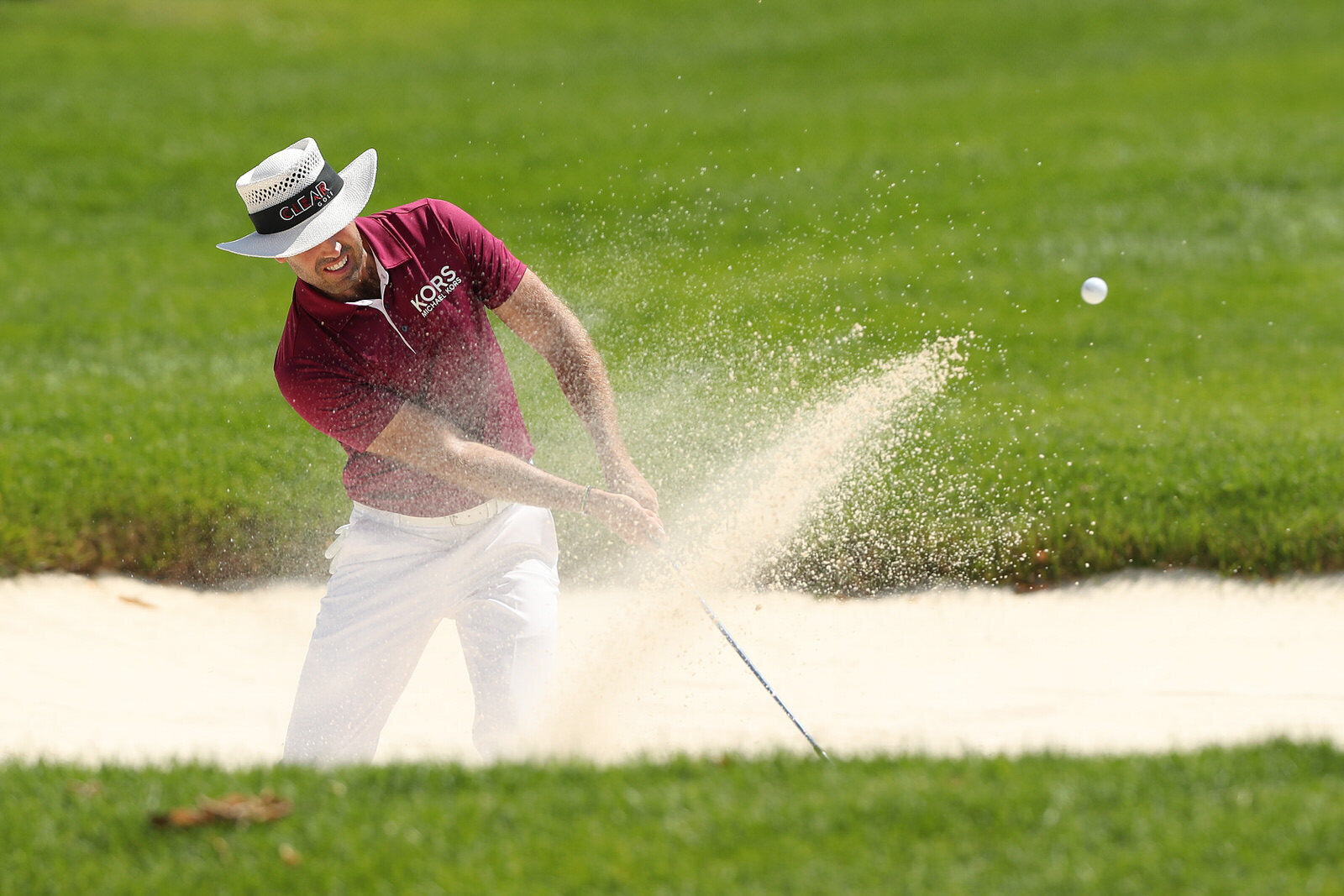  BLAINE, MINNESOTA - JULY 24: Charl Schwartzel of South Africa plays a shot from a bunker on the sixth hole during the second round of the 3M Open on July 24, 2020 at TPC Twin Cities in Blaine, Minnesota. (Photo by Matthew Stockman/Getty Images) 