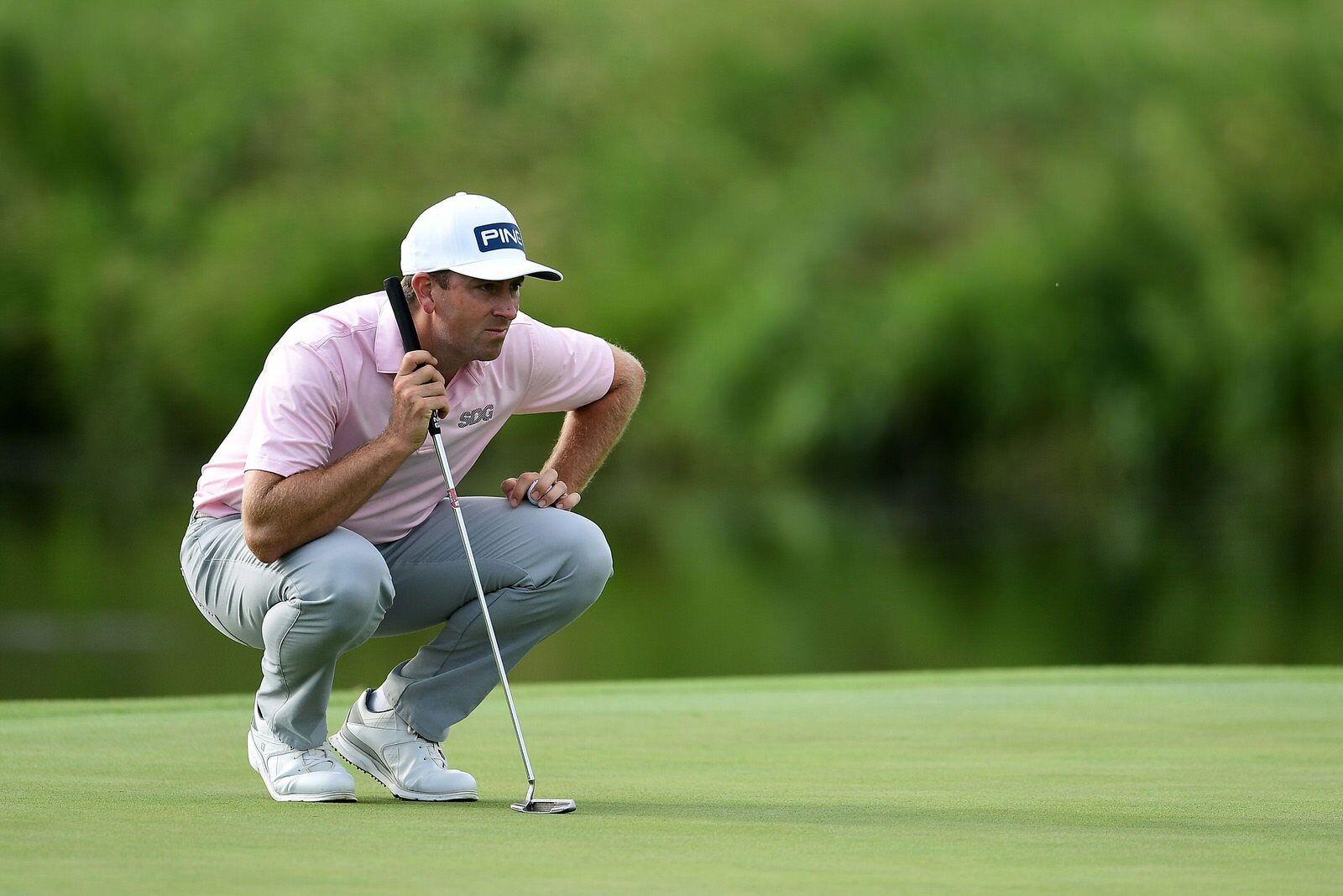  BLAINE, MINNESOTA - JULY 24: Michael Thompson of the United States looks over a putt on the sixth green during the second round of the 3M Open on July 24, 2020 at TPC Twin Cities in Blaine, Minnesota. (Photo by Stacy Revere/Getty Images) 