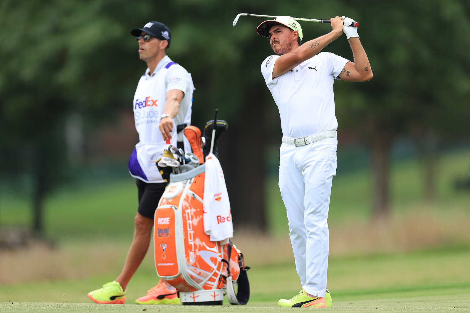 MEMPHIS, TENNESSEE - JULY 30: Rickie Fowler of the United States plays a shot on the 13th hole during the first round of the World Golf Championship-FedEx St Jude Invitational at TPC Southwind on July 30, 2020 in Memphis, Tennessee. (Photo by Andy L