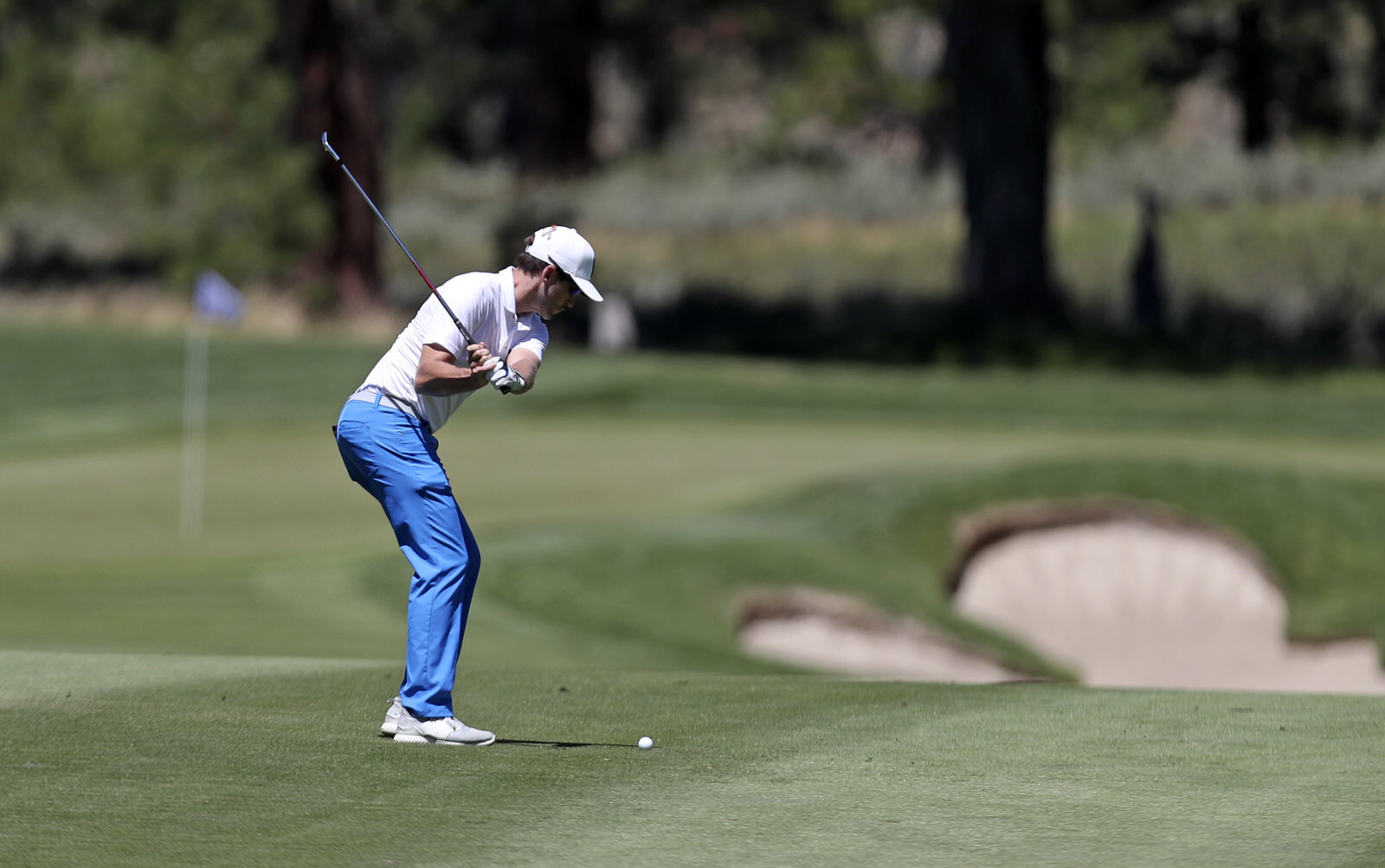  TRUCKEE, CALIFORNIA - AUGUST 01: Chris Baker plays his second shot on the first hole during the third round of the Barracuda Championship at Tahoe Mountain Club's Old Greenwood Golf Course on August 01, 2020 in Truckee, California. (Photo by Jed Jac