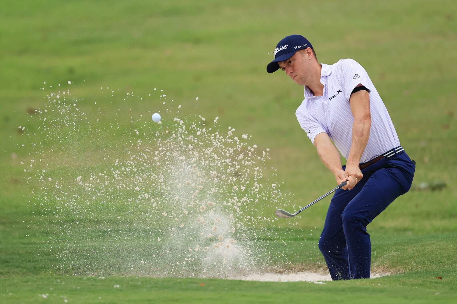  MEMPHIS, TENNESSEE - AUGUST 01: Justin Thomas of the United States plays a shot from a bunker on the 16th hole during the third round of the World Golf Championship-FedEx St Jude Invitational at TPC Southwind on August 01, 2020 in Memphis, Tennessee