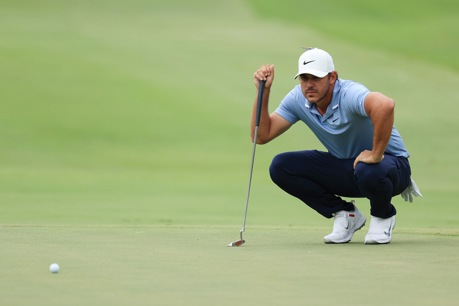  MEMPHIS, TENNESSEE - AUGUST 01: Brooks Koepka of the United States looks over a putt on the 16th green during the third round of the World Golf Championship-FedEx St Jude Invitational at TPC Southwind on August 01, 2020 in Memphis, Tennessee. (Photo