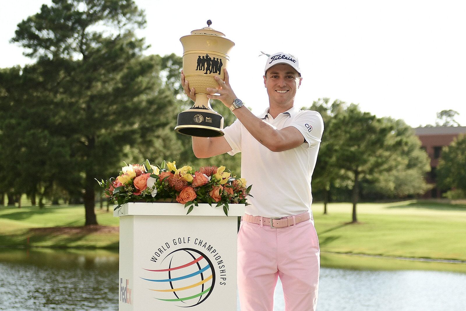  MEMPHIS, TENNESSEE - AUGUST 02:  Justin Thomas of the United States poses with the trophy after winning the World Golf Championship FedEx St Jude Invitational at TPC Southwind on August 02, 2020 in Memphis, Tennessee. (Photo by Stacy Revere/Getty Im