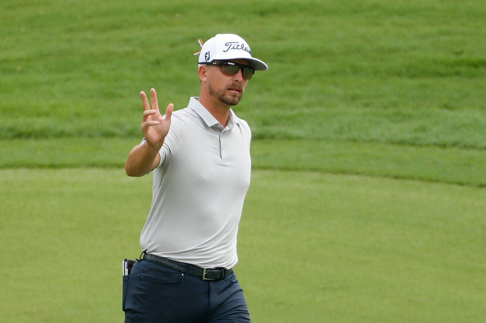  GREENSBORO, NORTH CAROLINA - AUGUST 14: Roger Sloan of Canada reacts to his putt on the eighth green during the second round of the Wyndham Championship at  Sedgefield Country Club on August 14, 2020 in Greensboro, North Carolina. (Photo by Chris Ke