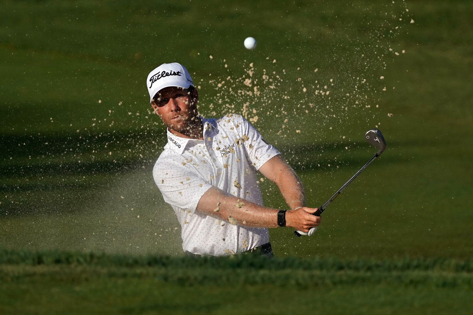  OLYMPIA FIELDS, ILLINOIS - AUGUST 27: Tyler Duncan of the United States plays a shot from a bunker on the 18th hole during the first round of the BMW Championship on the North Course at Olympia Fields Country Club on August 27, 2020 in Olympia Field