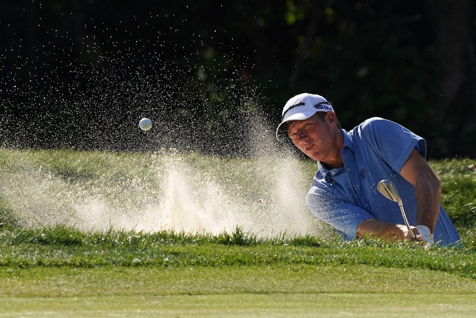  OLYMPIA FIELDS, ILLINOIS - AUGUST 28: Jim Herman of the United States plays a shot from a bunker on the first hole during the second round of the BMW Championship on the North Course at Olympia Fields Country Club on August 28, 2020 in Olympia Field