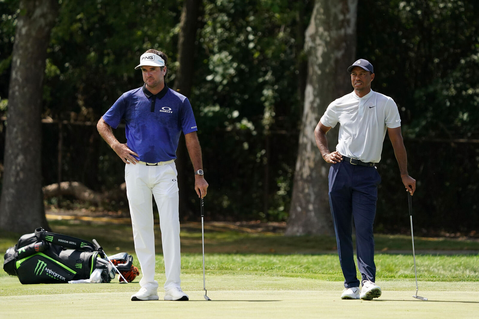  OLYMPIA FIELDS, ILLINOIS - AUGUST 28: (L-R) Bubba Watson of the United States and Tiger Woods of the United States wait on the first green during the second round of the BMW Championship on the North Course at Olympia Fields Country Club on August 2