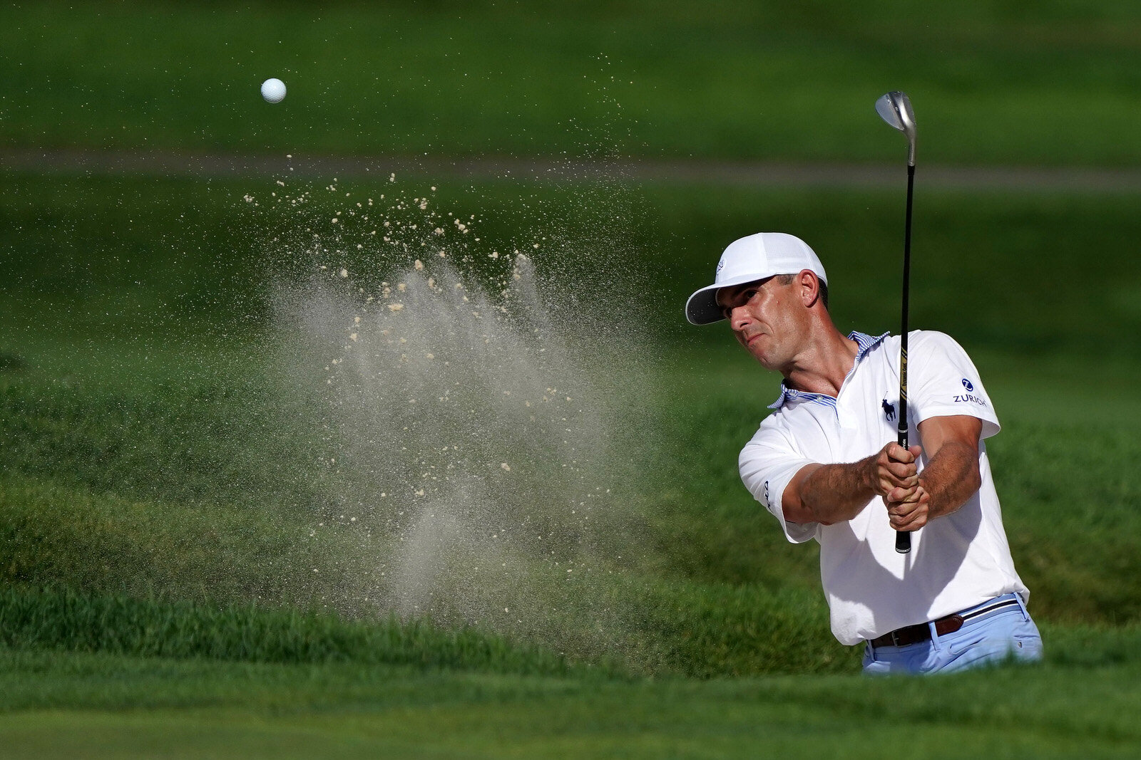  OLYMPIA FIELDS, ILLINOIS - AUGUST 27: Billy Horschel of the United States plays a shot from a bunker on the eighth hole during the first round of the BMW Championship on the North Course at Olympia Fields Country Club on August 27, 2020 in Olympia F
