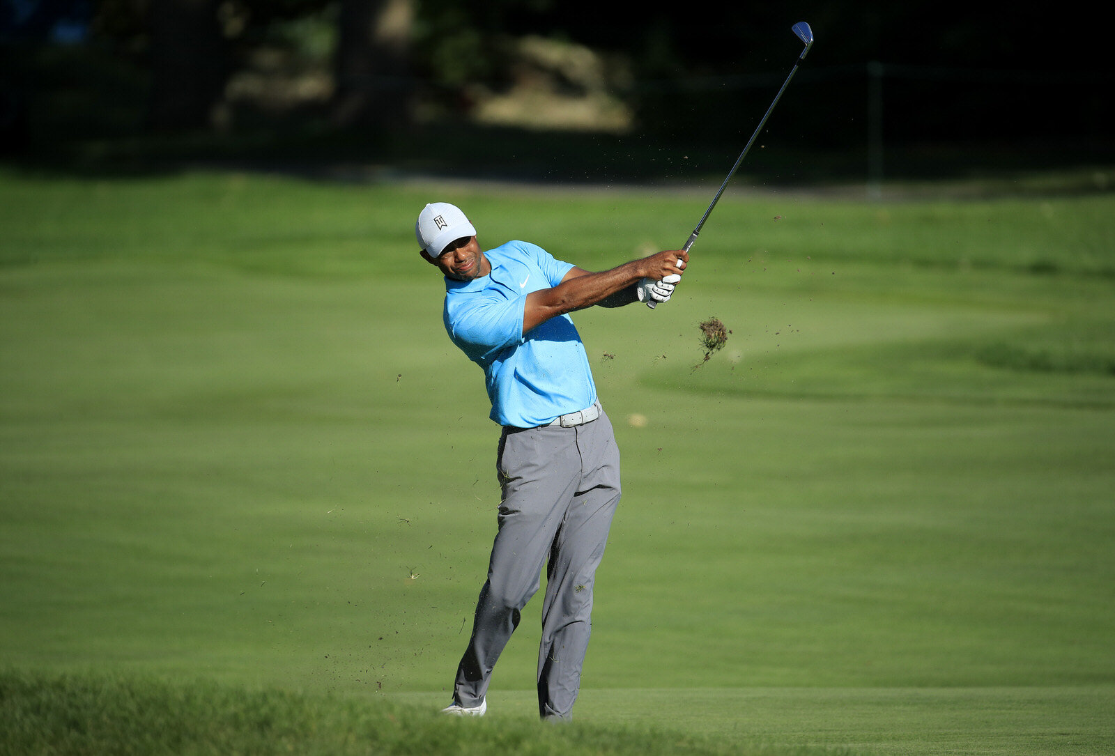  OLYMPIA FIELDS, ILLINOIS - AUGUST 27: Tiger Woods of the United States plays a second shot on the seventh hole during the first round of the BMW Championship on the North Course at Olympia Fields Country Club on August 27, 2020 in Olympia Fields, Il