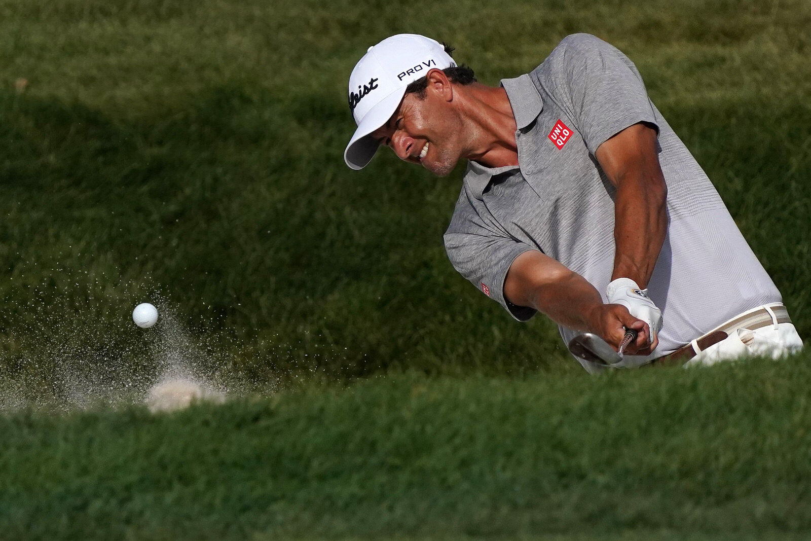  OLYMPIA FIELDS, ILLINOIS - AUGUST 29: Adam Scott of Australia 
 from a bunker on the 18th hole during the third round of the BMW Championship on the North Course at Olympia Fields Country Club on August 29, 2020 in Olympia Fields, Illinois. (Photo b