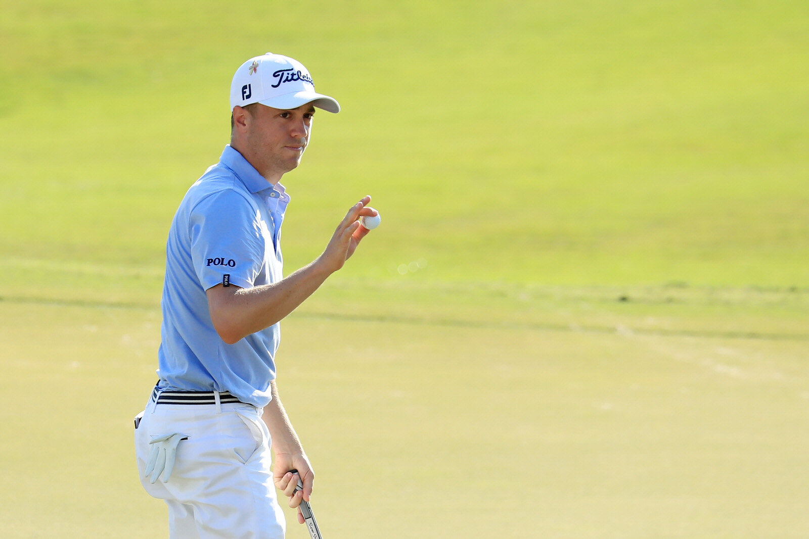  ATLANTA, GEORGIA - SEPTEMBER 07: Justin Thomas of the United States reacts on the 18th green during the final round of the TOUR Championship at East Lake Golf Club on September 07, 2020 in Atlanta, Georgia. (Photo by Sam Greenwood/Getty Images) 