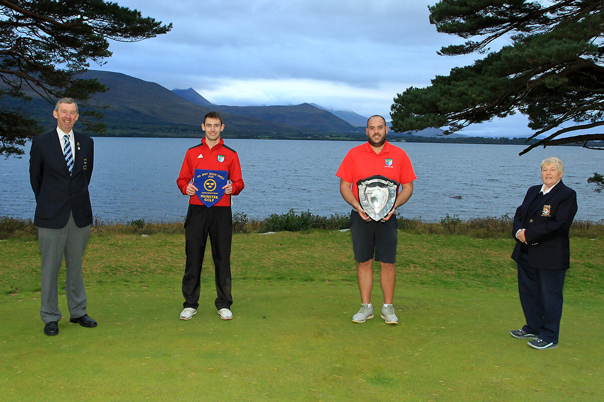  Berehaven team manager Joe O'Neill and club captain Keith Hegarty pictured after winning the AIG Jimmy Bruen Shield Munster Final in Killarney. Also included are Jim Long, Chairman Munster Golf and Marguerita Mulcahy, President Killarney GC.Picture: