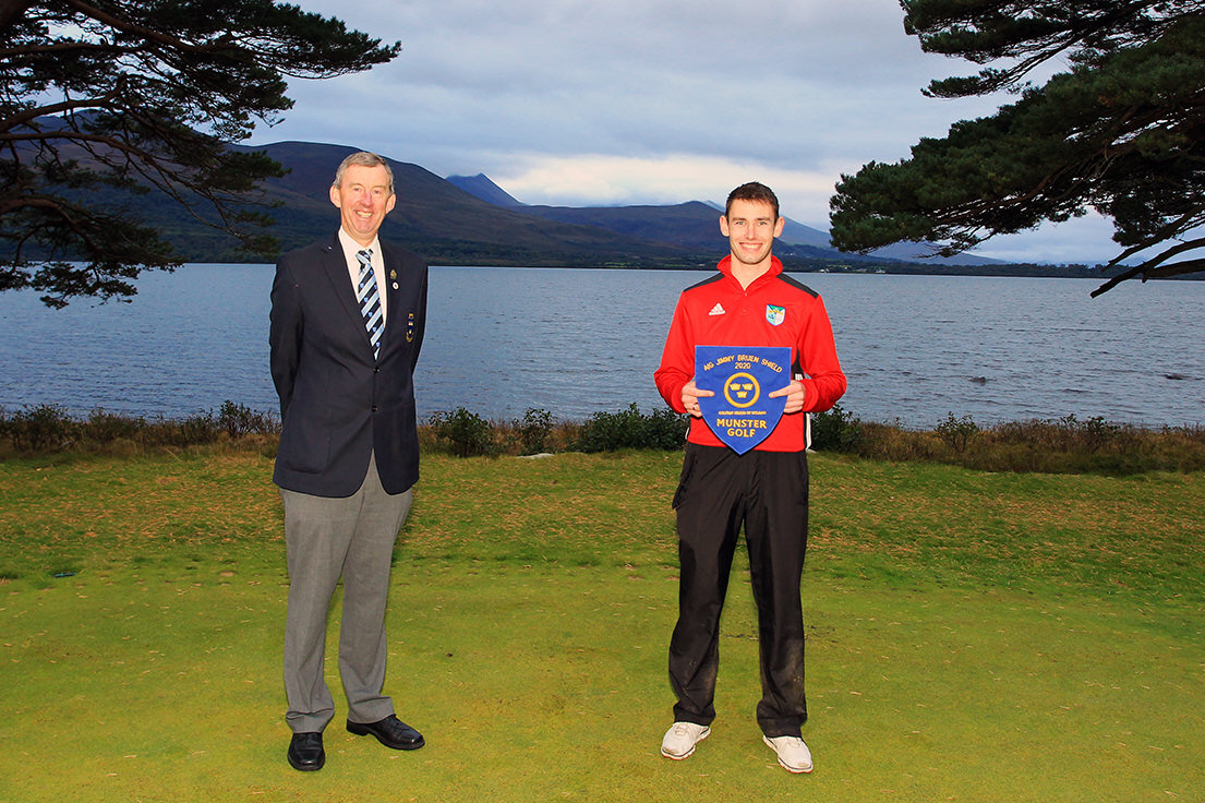  Berehaven team manager Joe O'Neill  pictured after receiving the AIG Jimmy Bruen Shield Munster pennant from Jim Long, Chairman Munster Golf.Picture: Niall O'Shea 