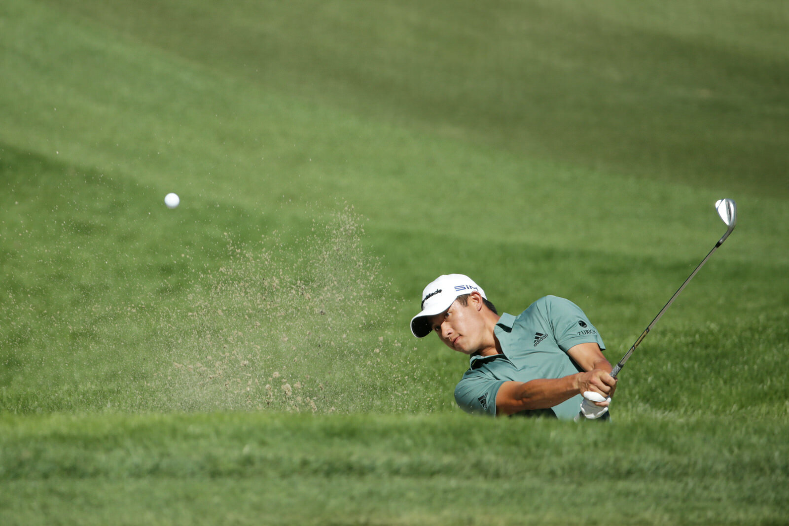  LAS VEGAS, NEVADA - OCTOBER 16: Collin Morikawa of the United States plays a shot from a bunker on the 16th hole during the second round of the CJ Cup @ Shadow Creek  on October 16, 2020 in Las Vegas, Nevada. (Photo by Jeff Gross/Getty Images) 