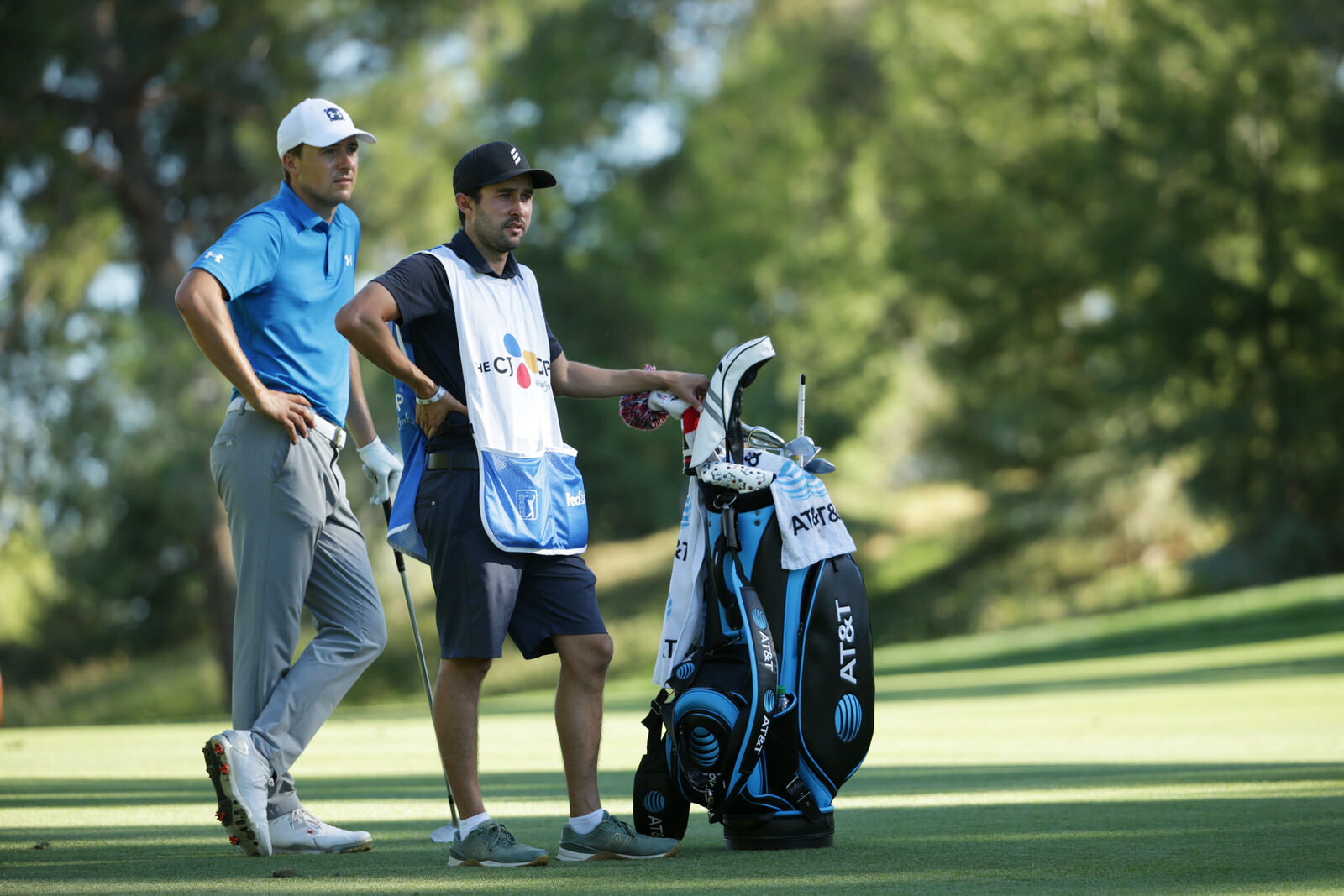  LAS VEGAS, NEVADA - OCTOBER 17: Jordan Spieth of the United States and caddie Preston Valder look on from the sixth fairway during the third round of The CJ Cup @ Shadow Creek on October 17, 2020 in Las Vegas, Nevada. (Photo by Jeff Gross/Getty Imag