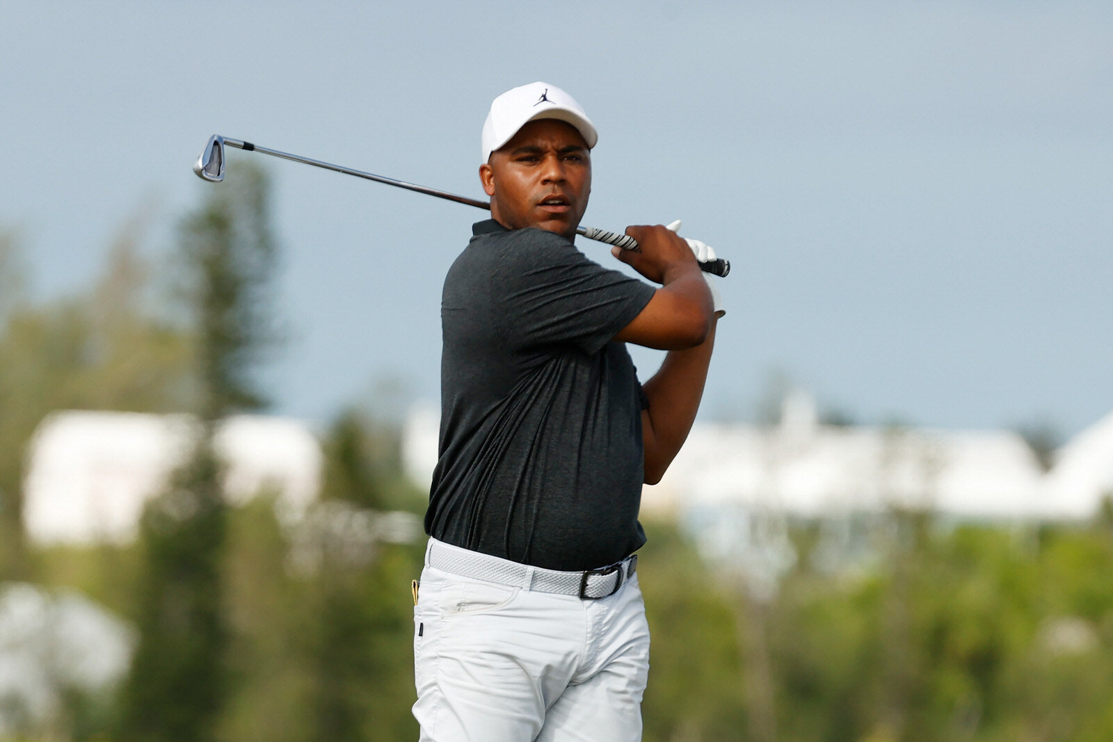  SOUTHAMPTON, BERMUDA - OCTOBER 29: Harold Varner III of the United States plays his shot from the tenth tee during the first round of the Bermuda Championship at Port Royal Golf Course on October 29, 2020 in Southampton, Bermuda. (Photo by Gregory S