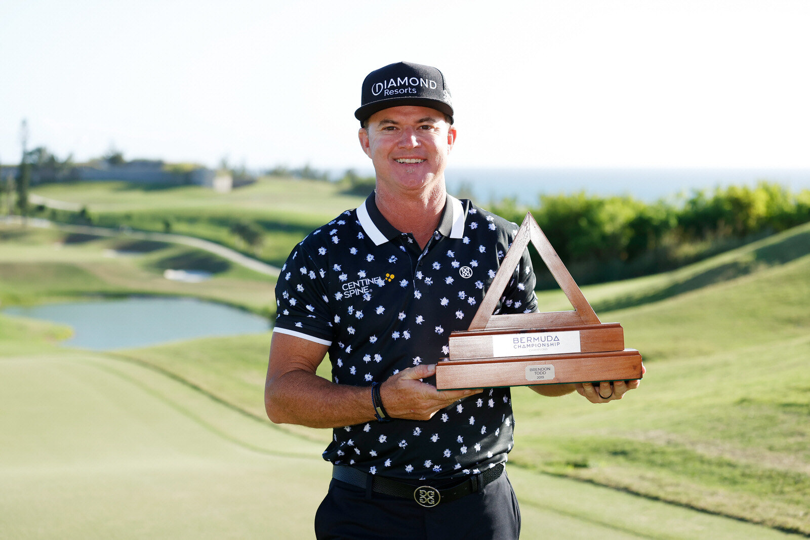  SOUTHAMPTON, BERMUDA - NOVEMBER 01: Brian Gay of the United States celebrates with the trophy after winning during a playoff in the final round of the Bermuda Championship at Port Royal Golf Course on November 01, 2020 in Southampton, Bermuda. (Phot