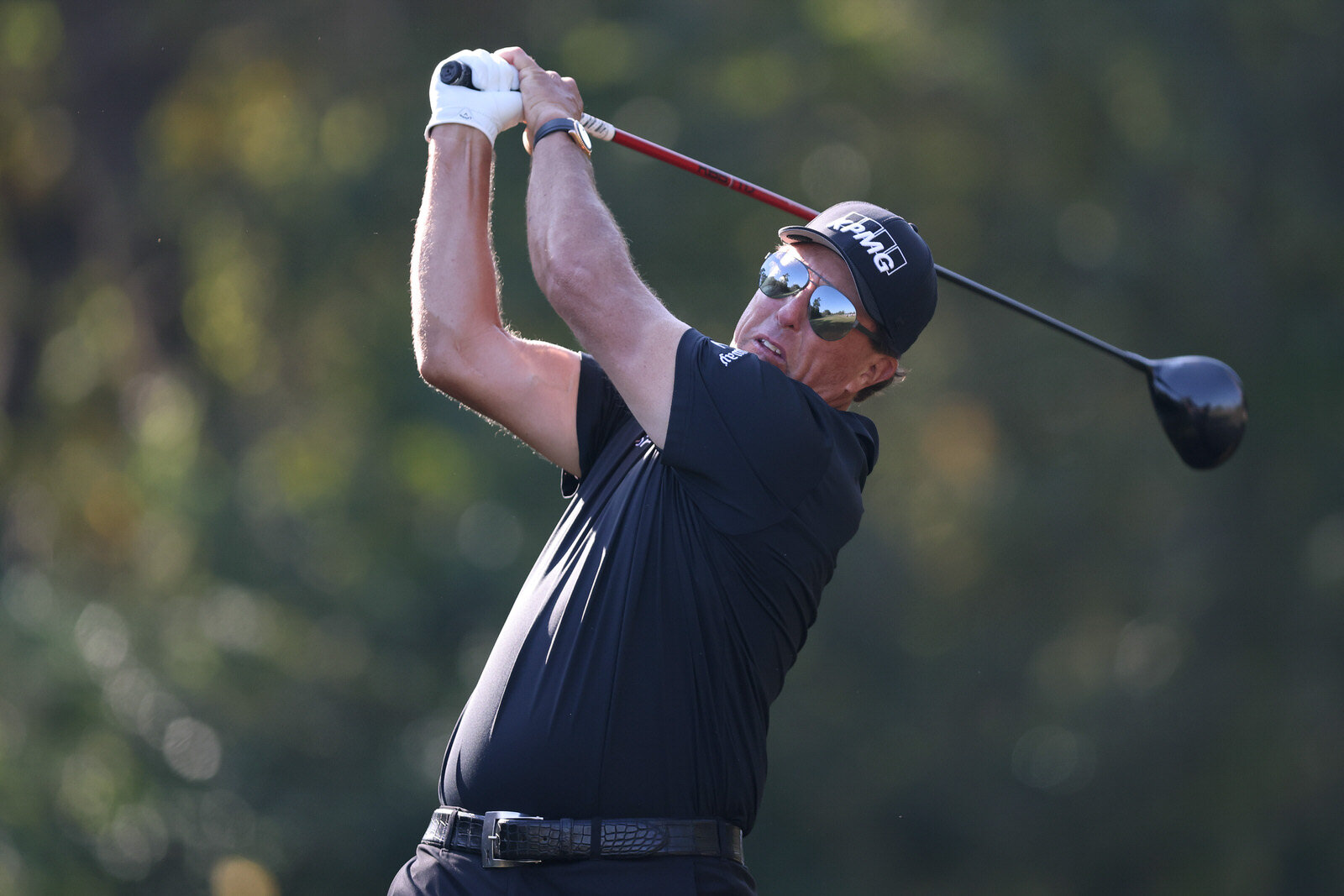  HOUSTON, TEXAS - NOVEMBER 06: Phil Mickelson of the United States plays his shot from the eighth tee during the second round of the Houston Open at Memorial Park Golf Course on November 06, 2020 in Houston, Texas. (Photo by Carmen Mandato/Getty Imag