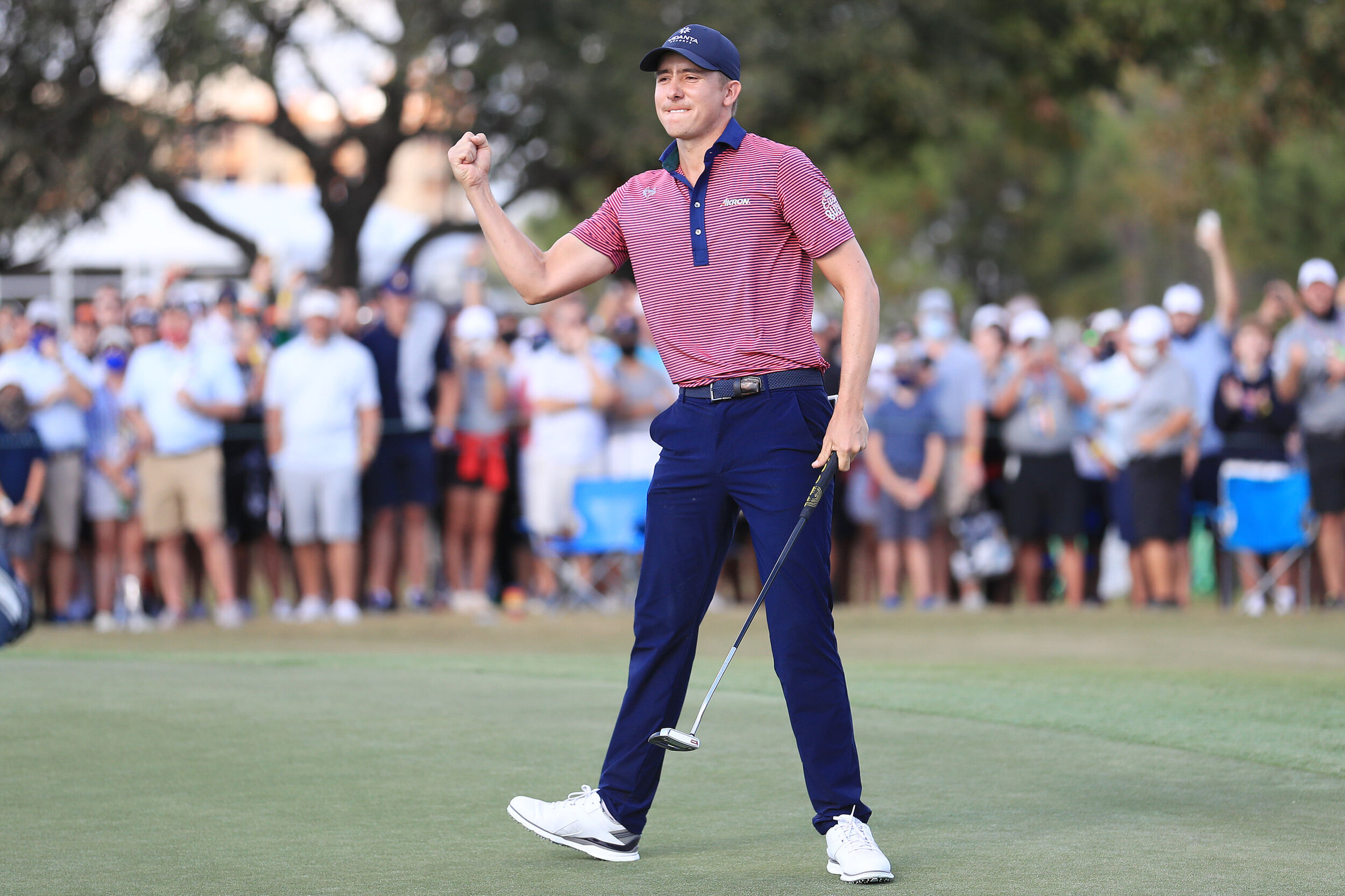  HOUSTON, TEXAS - NOVEMBER 08: Carlos Ortiz of Mexico celebrates after making a birdie putt on the 18th green to win the Houston Open at Memorial Park Golf Course on November 08, 2020 in Houston, Texas. (Photo by Carmen Mandato/Getty Images) 