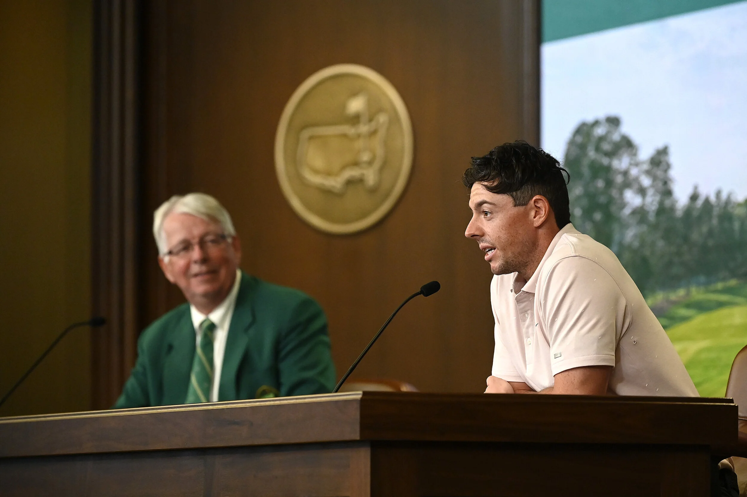 John Carr looks on as Rory Mcilroy speaks during a press conference prior to the Masters at Augusta National Golf Club, Tuesday, November 10, 2020. Picture: Augusta National
